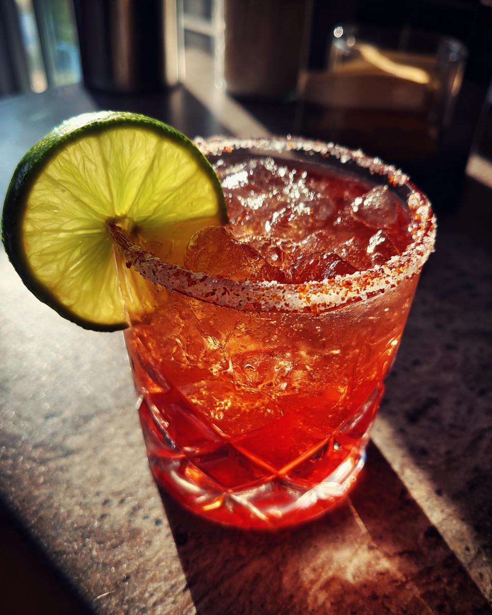 A close-up of a Spicy Valentine's Day Margarita with a lime wedge and a salt and chili rim.