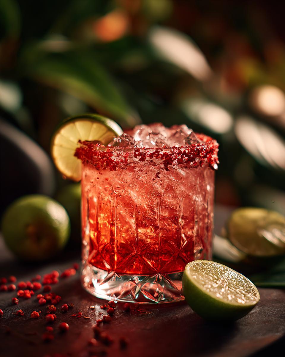 A vibrant Spicy Valentine's Day Margarita in a glass with a lime garnish and a red salt rim.