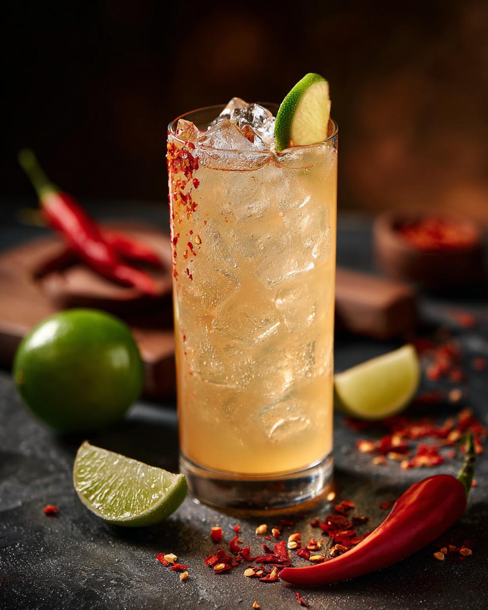 A tall glass of a Spicy Valentine's Day Margarita with lime and chili pepper garnish.