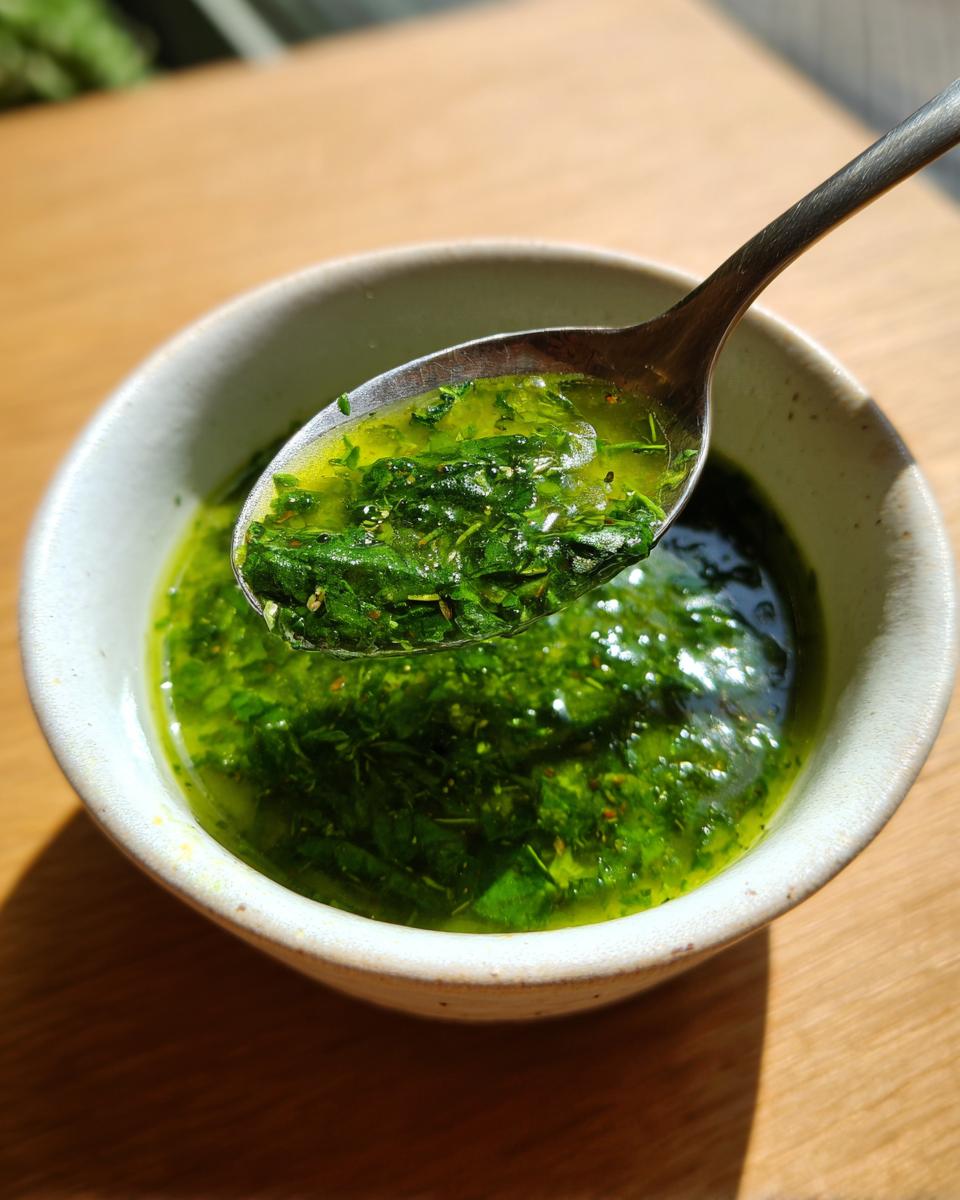 Close-up of a bowl of Spinach and Herb Broth with a spoon scooping some broth.