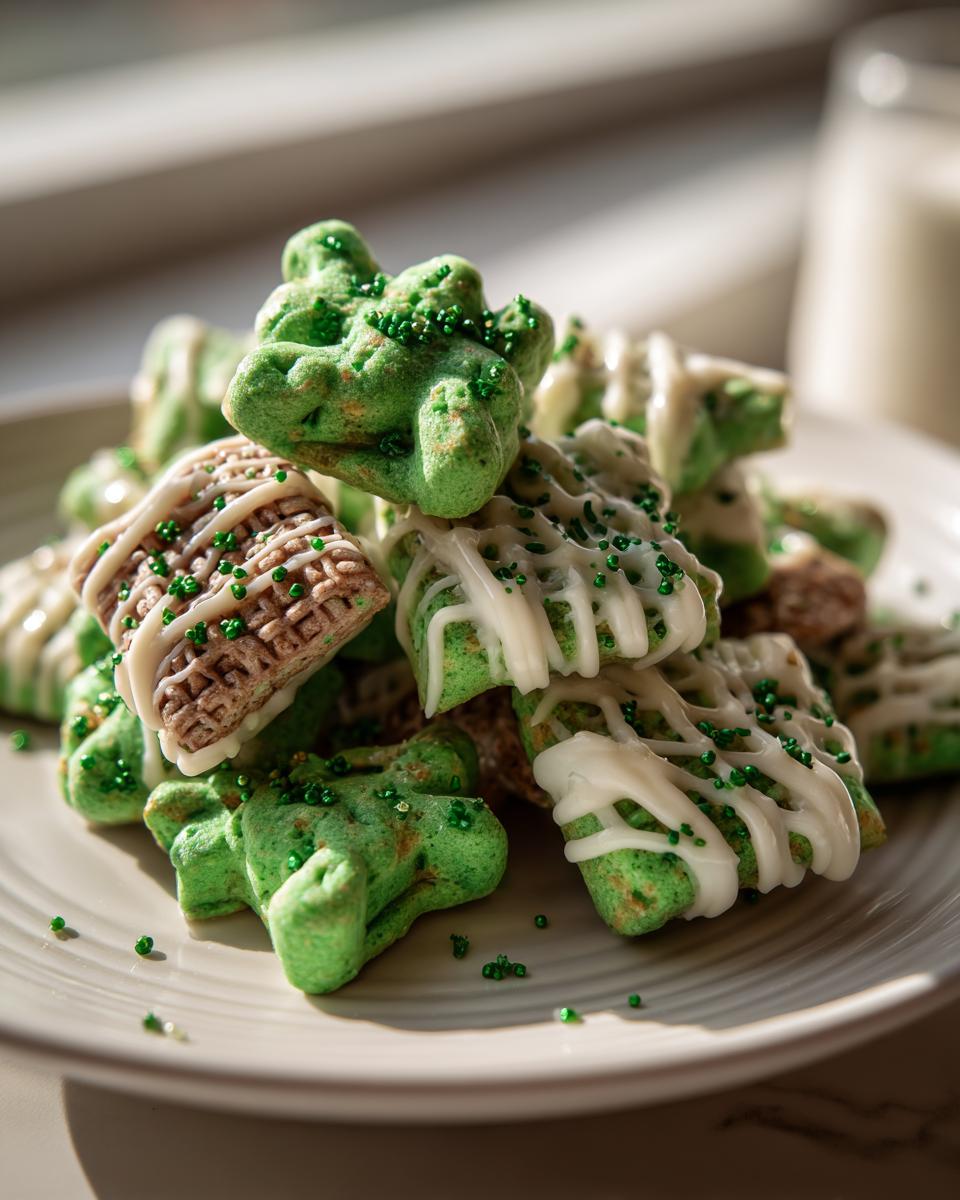 Close-up of a plate of St. Patrick’s Day Animal Cracker Mix, decorated with green sprinkles and icing.