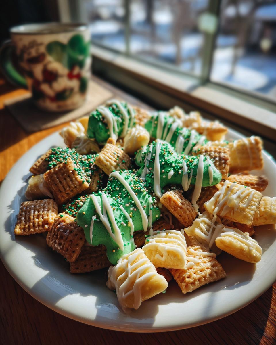 A plate of colorful St. Patrick's Day Animal Cracker Mix with green and white icing.