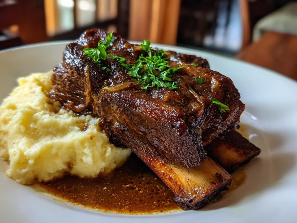 Plate of Stout-Braised Short Ribs served with creamy mashed potatoes and garnished with parsley.