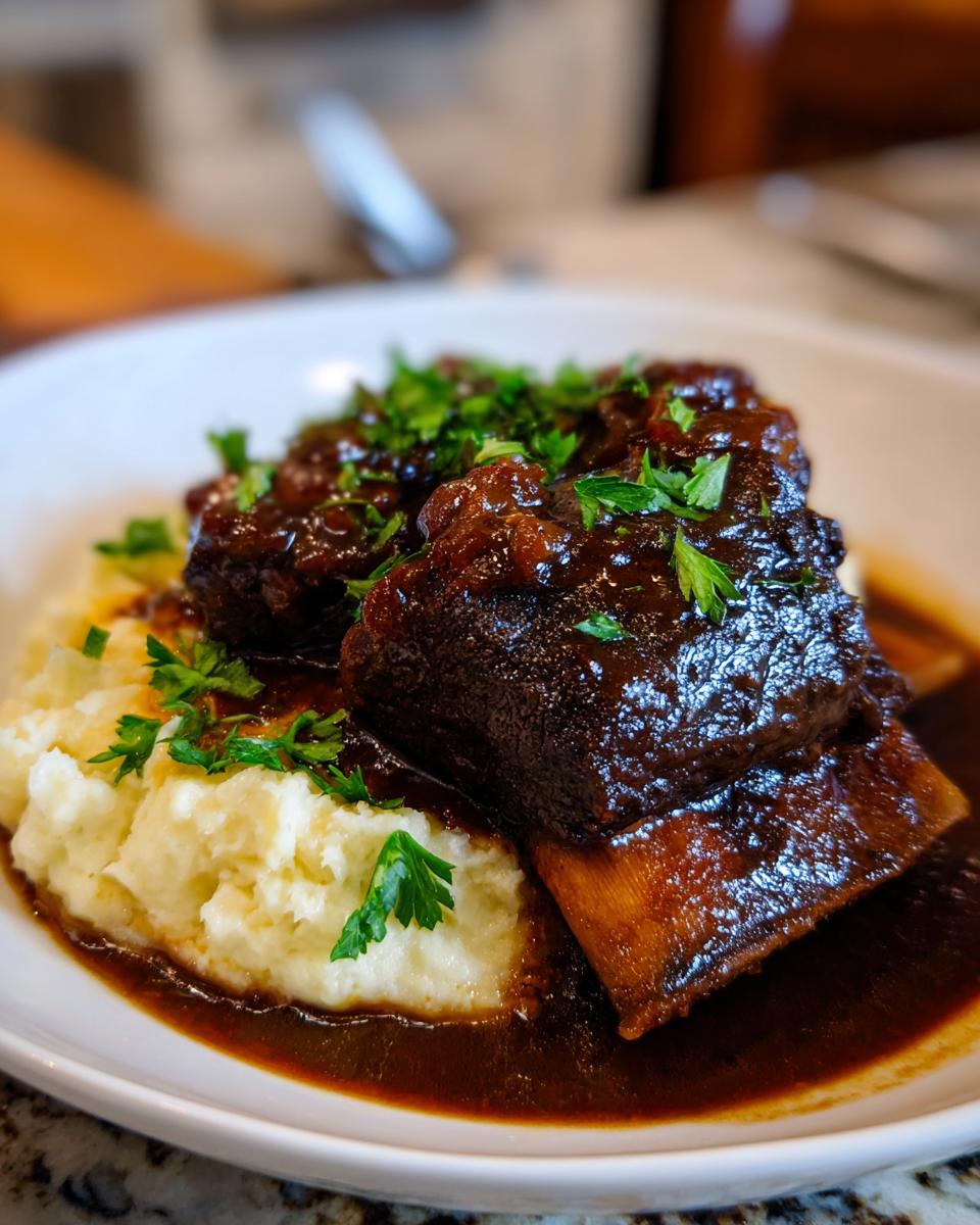Plate of Stout-Braised Short Ribs served with creamy mashed potatoes and parsley garnish.