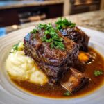 Plate of Stout-Braised Short Ribs with mashed potatoes and gravy, garnished with parsley.