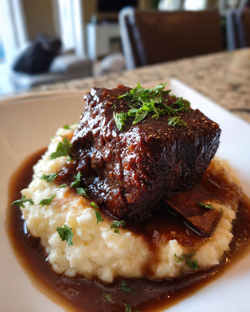 A plated serving of Stout-Braised Short Ribs on a bed of mashed potatoes, garnished with parsley.