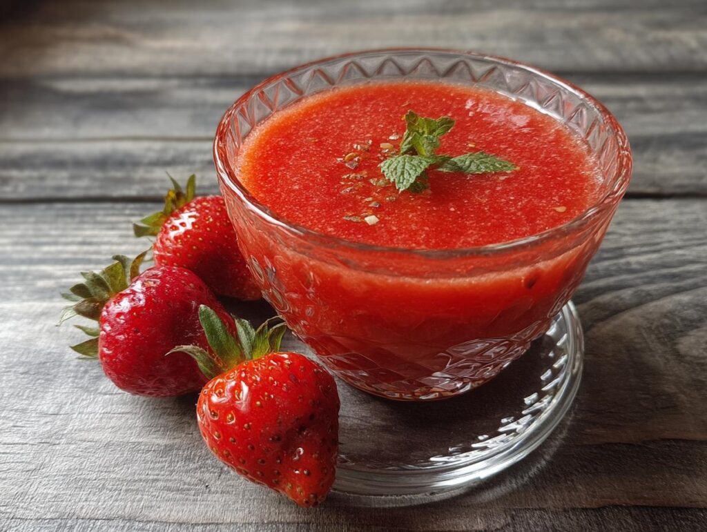 A glass of refreshing Strawberry Basil Gazpacho with fresh strawberries.