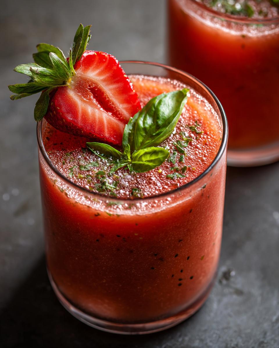 Close-up of a glass of Strawberry Basil Gazpacho, garnished with a strawberry slice and basil leaves.