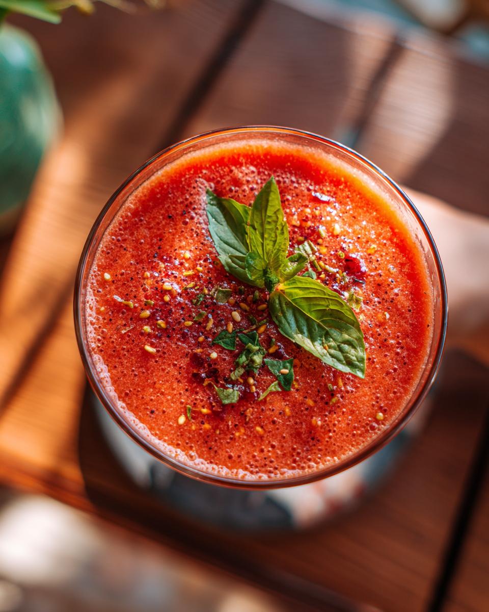 Overhead shot of a glass of Strawberry Basil Gazpacho, garnished with basil leaves.