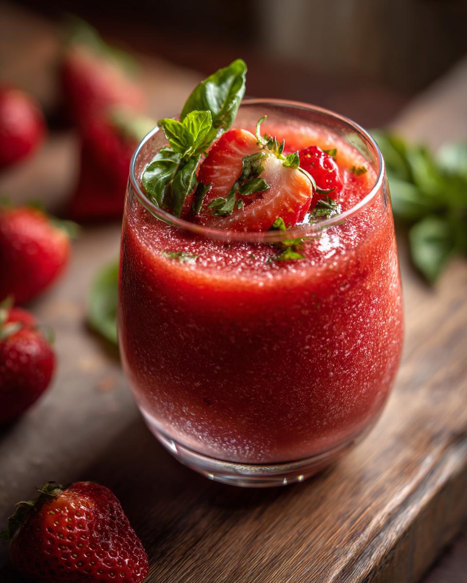 Close-up of a glass of Strawberry Basil Gazpacho, garnished with strawberries and basil.