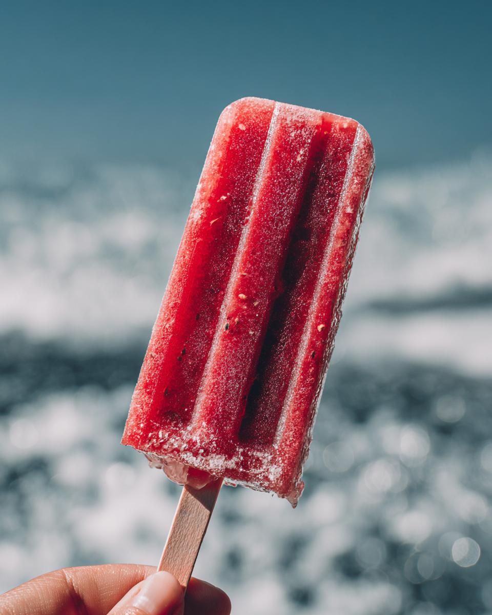 A hand holding a vibrant red Strawberry Coconut Dog Popsicle on a stick.
