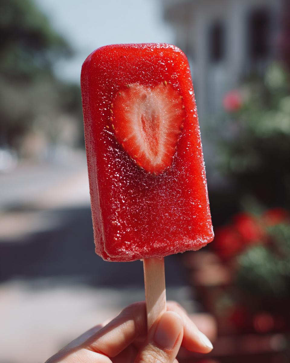 A hand holding a vibrant red Strawberry Coconut Dog Popsicle with a strawberry slice inside.