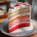 A delicious slice of Strawberry Ombre Cake with layers of pink and red cake and white frosting, on a white plate.