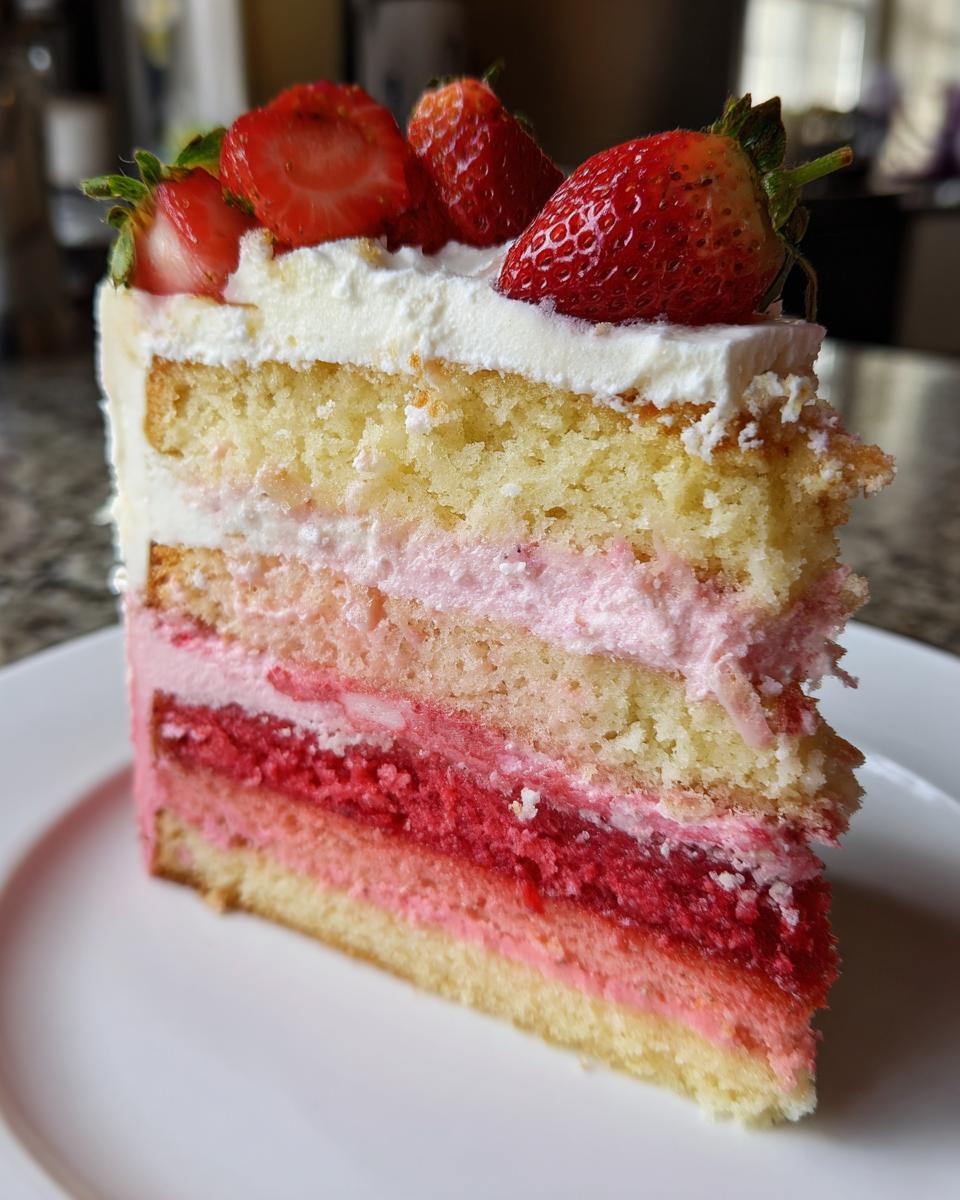 A slice of delicious Strawberry Ombre Cake for Valentine's Day, showing layers and fresh strawberries.