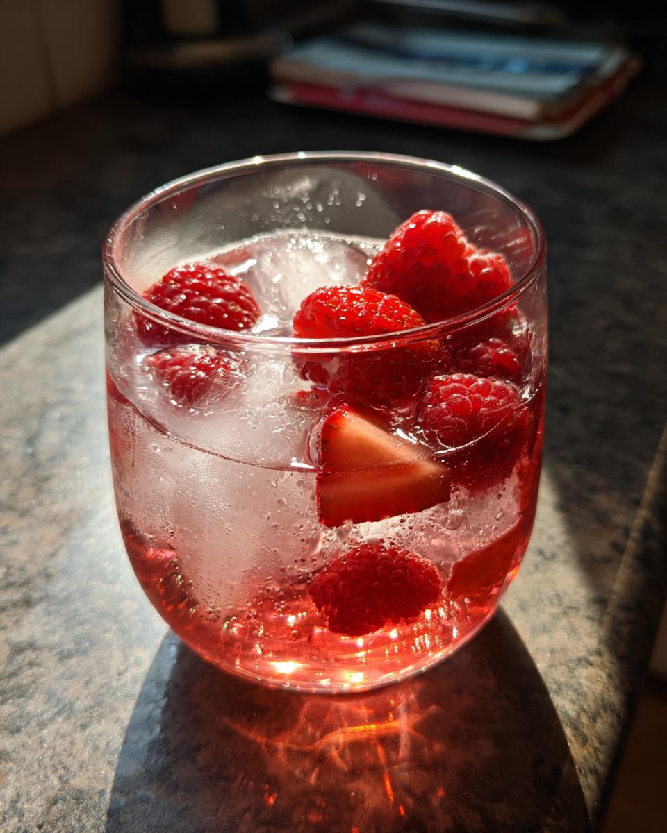 Close-up of a glass filled with Strawberry Rosé Sangria, ice, and fresh berries.