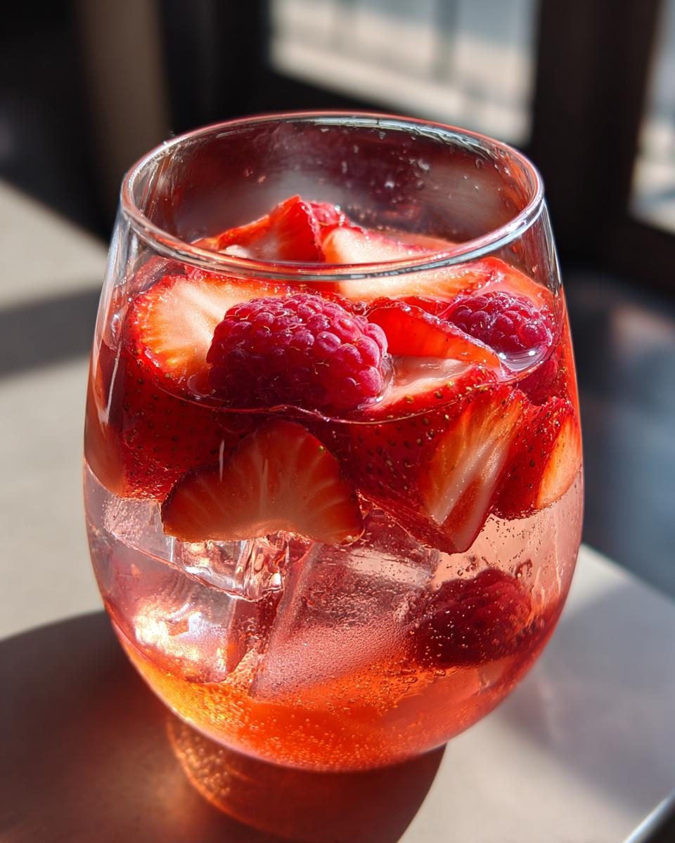 Close-up of a glass filled with Love Potion Strawberry Rosé Sangria, strawberries, raspberries, and ice.