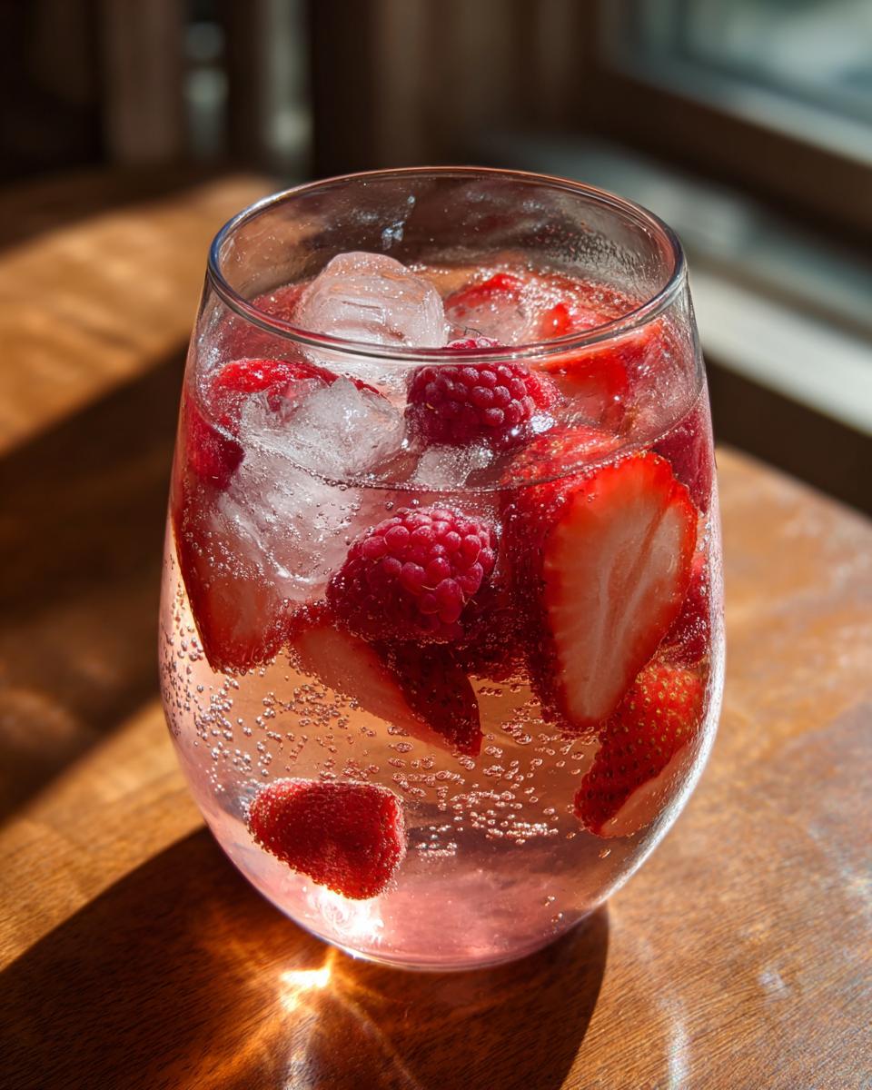 Close-up of a glass of Love Potion Strawberry Rosé Sangria with strawberries and raspberries.