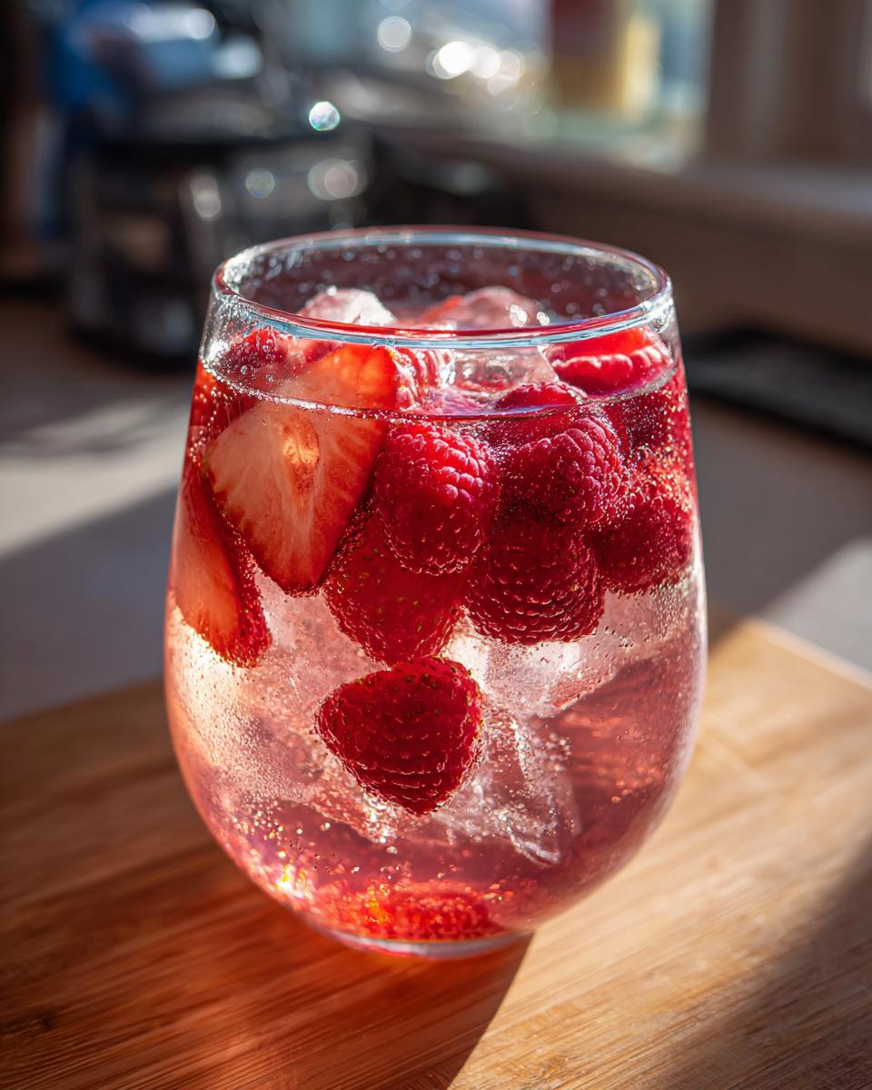 A glass of Love Potion Strawberry Rosé Sangria with fresh strawberries and raspberries.