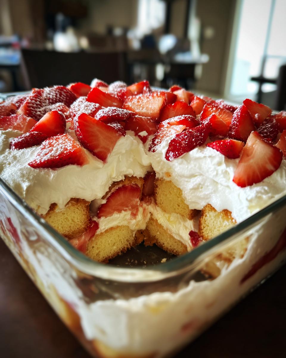 Close-up of a layered Strawberry Shortcake Trifle with strawberries, whipped cream, and cake.