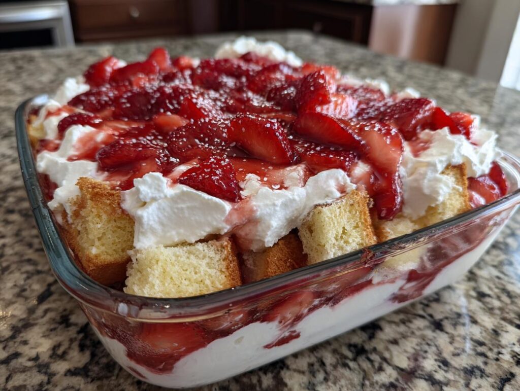 A layered Strawberry Shortcake Trifle with cake, whipped cream, and fresh strawberries.