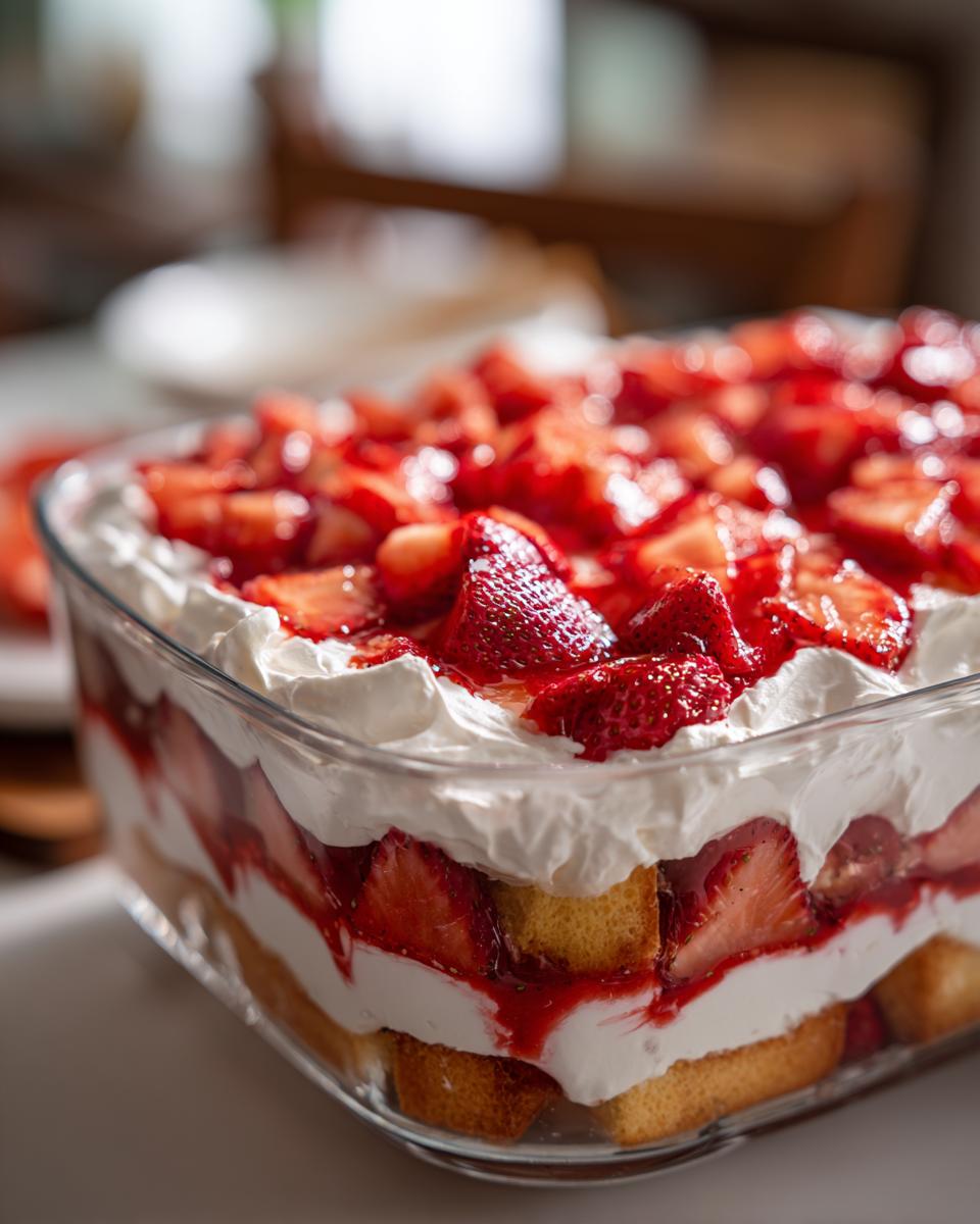 Close-up of a layered Strawberry Shortcake Trifle with strawberries, whipped cream, and cake.
