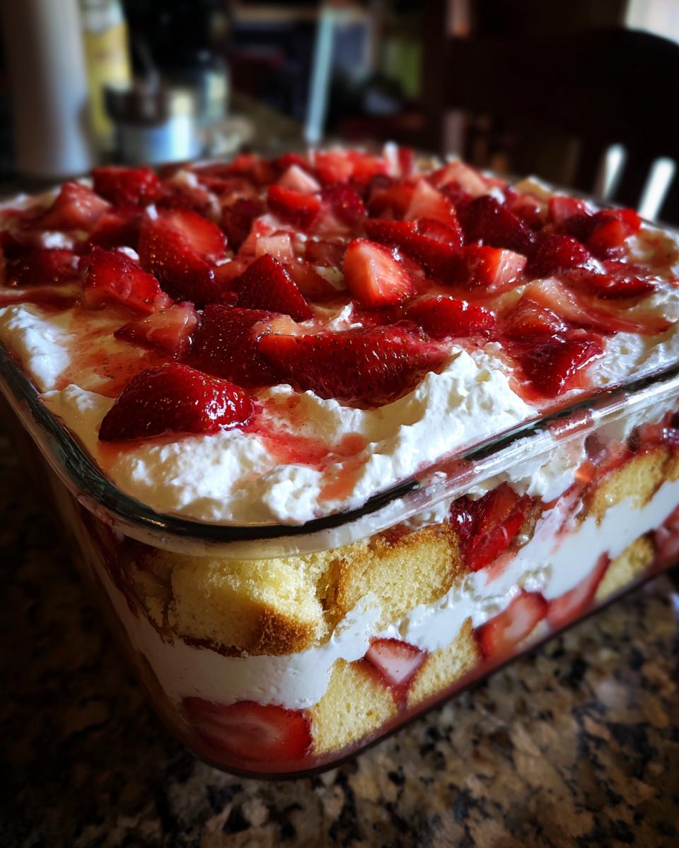 A layered Strawberry Shortcake Trifle in a glass dish, showing layers of cake, whipped cream, and fresh strawberries.