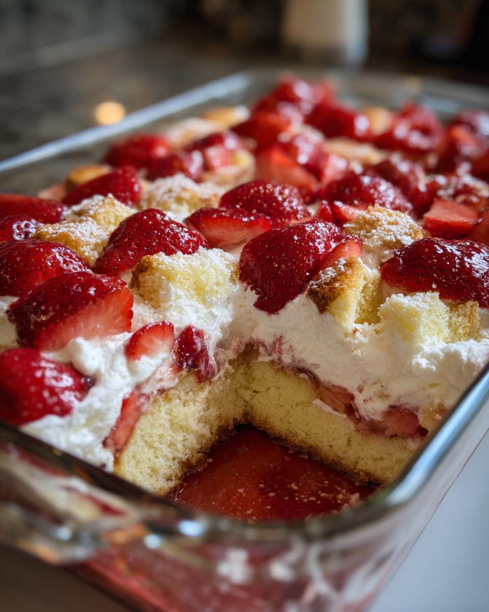 Close-up of a slice of Strawberry Shortcake Trifle, showing layers of cake, whipped cream, and strawberries.