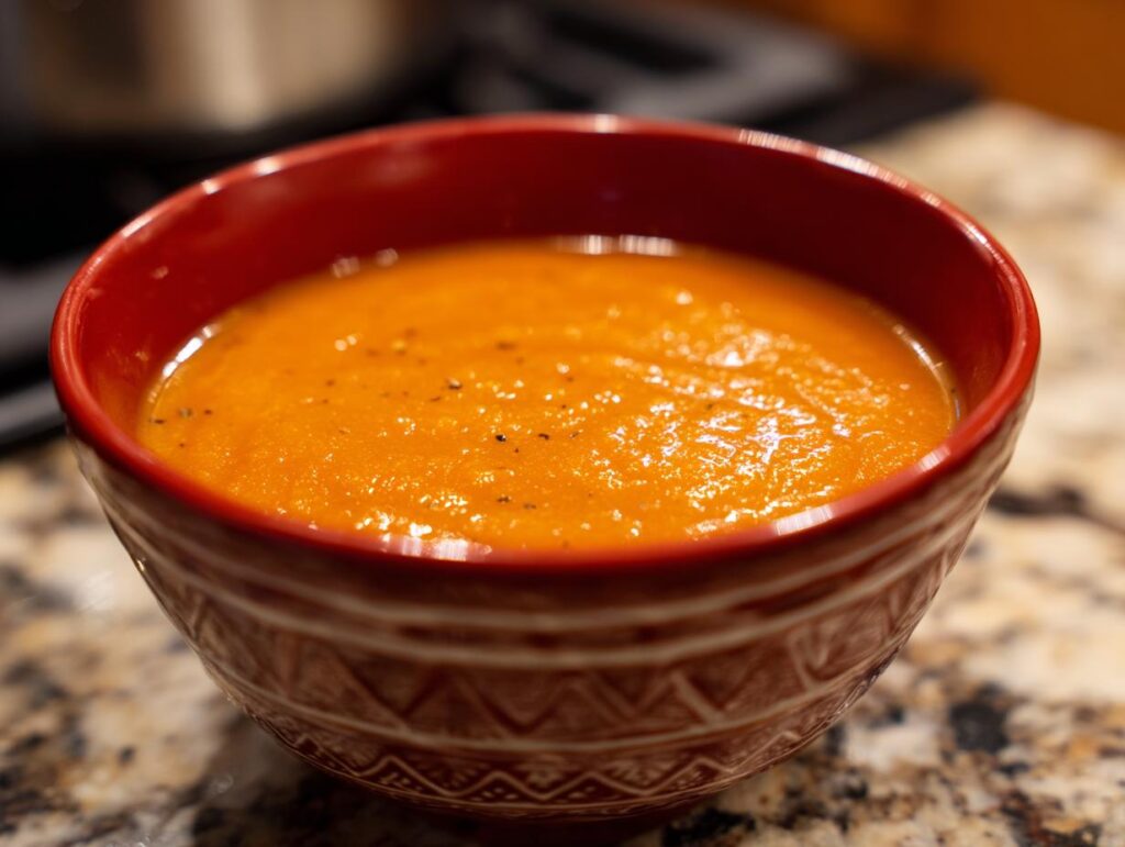 Close-up of a bowl filled with Sweet Potato and Carrot Ginger Soup, a healthy and delicious recipe.