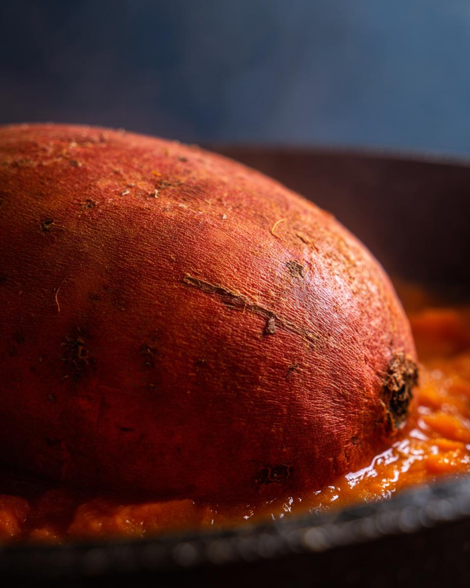 Close-up of a sweet potato in Sweet Potato and Carrot Ginger Soup.