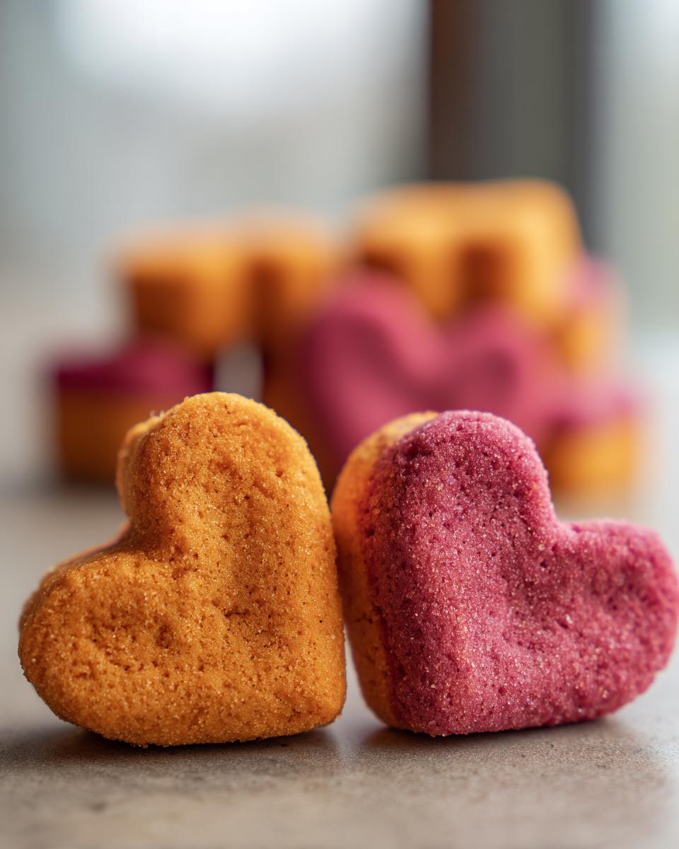 Close-up of two heart-shaped Sweet Potato Heart Dog Treats, one orange and one pink.