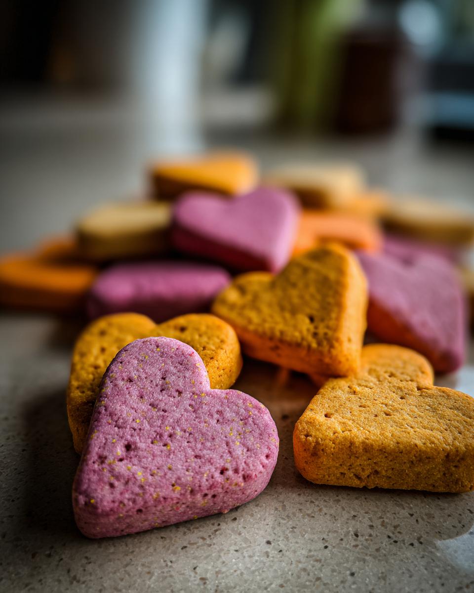 Close-up of a pile of colorful sweet potato heart dog treats on a countertop.