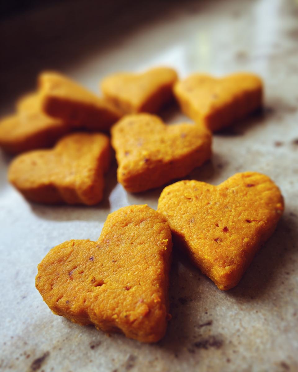 Close-up of heart-shaped Sweet Potato Heart Dog Treats, perfect for dogs.