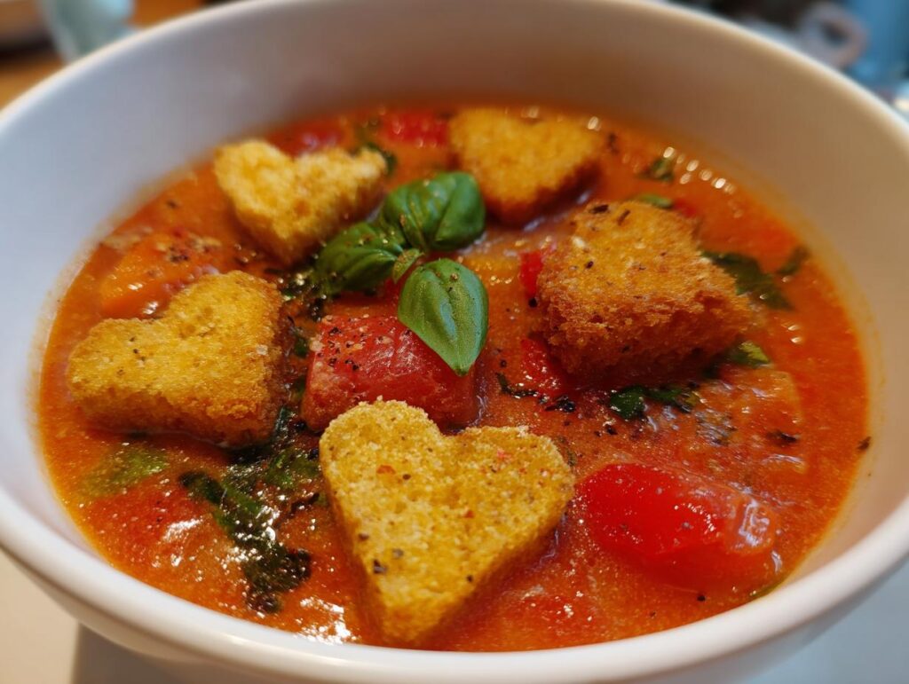 Bowl of Tomato Basil Soup with heart-shaped croutons and fresh basil.