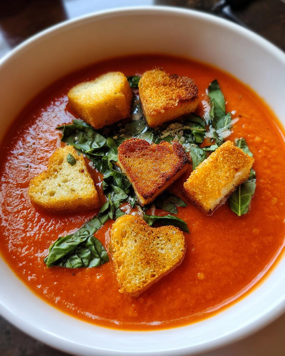 Bowl of tomato basil soup with heart-shaped croutons and fresh basil.