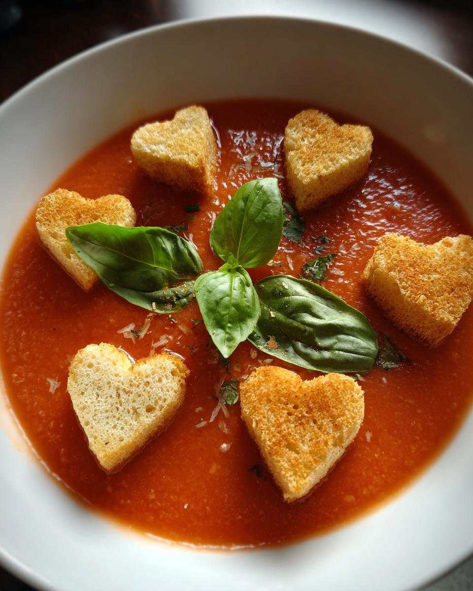 A bowl of Tomato Basil Soup with heart-shaped croutons and fresh basil.