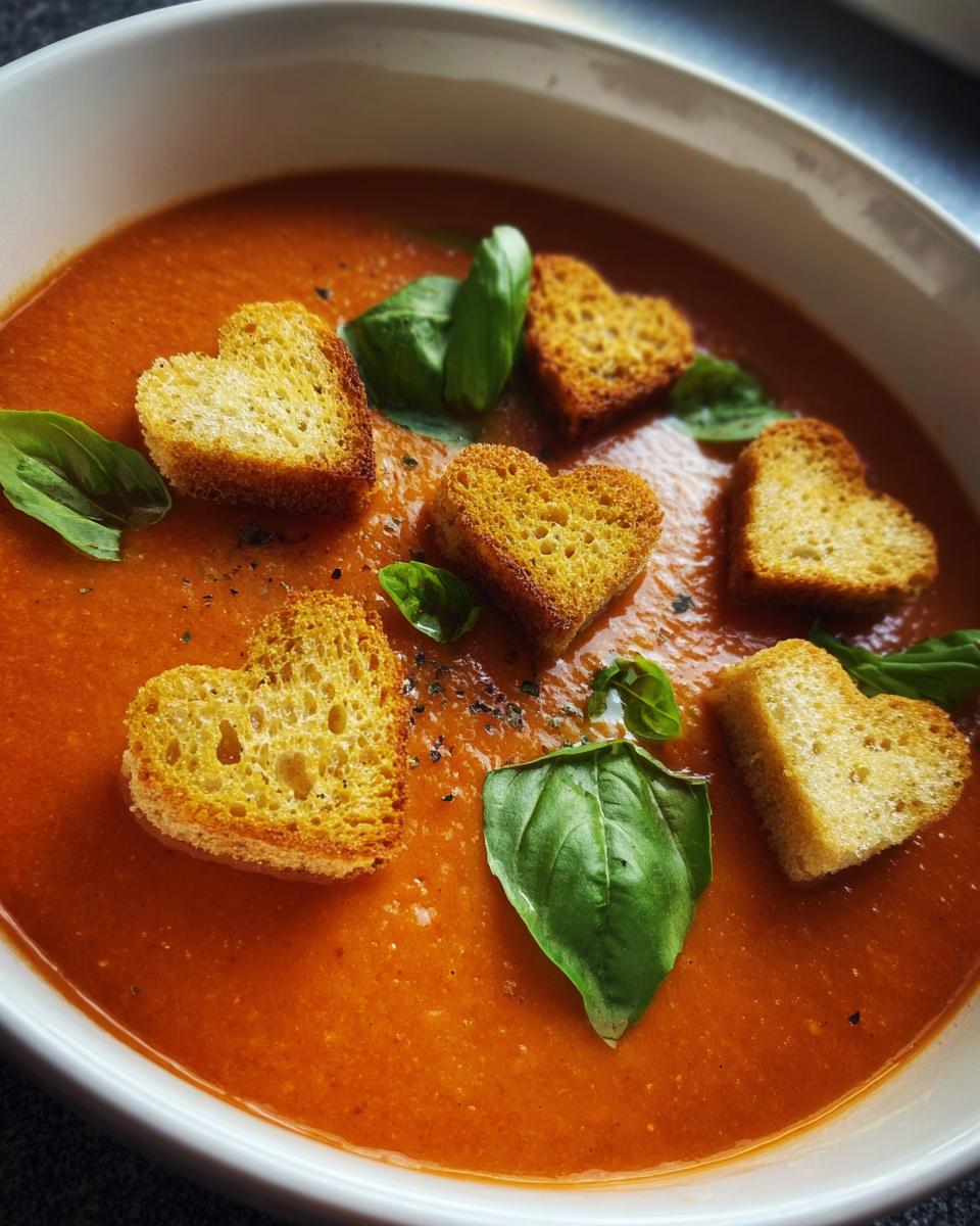 Close-up of Tomato Basil Soup with Heart‑Shaped Croutons and basil leaves.