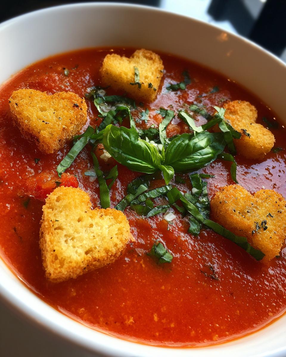 Close-up of Tomato Basil Soup with Heart‑Shaped Croutons and fresh basil.