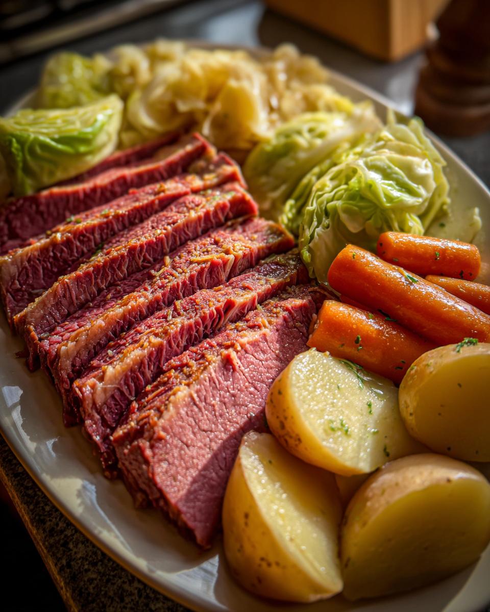 A platter of Traditional Corned Beef and Cabbage with cabbage, carrots, and potatoes.