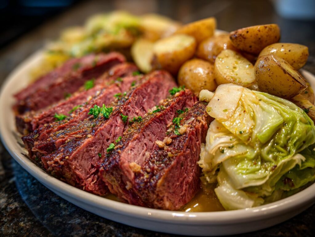 A Traditional Corned Beef and Cabbage Platter with sliced corned beef, cabbage, and potatoes.