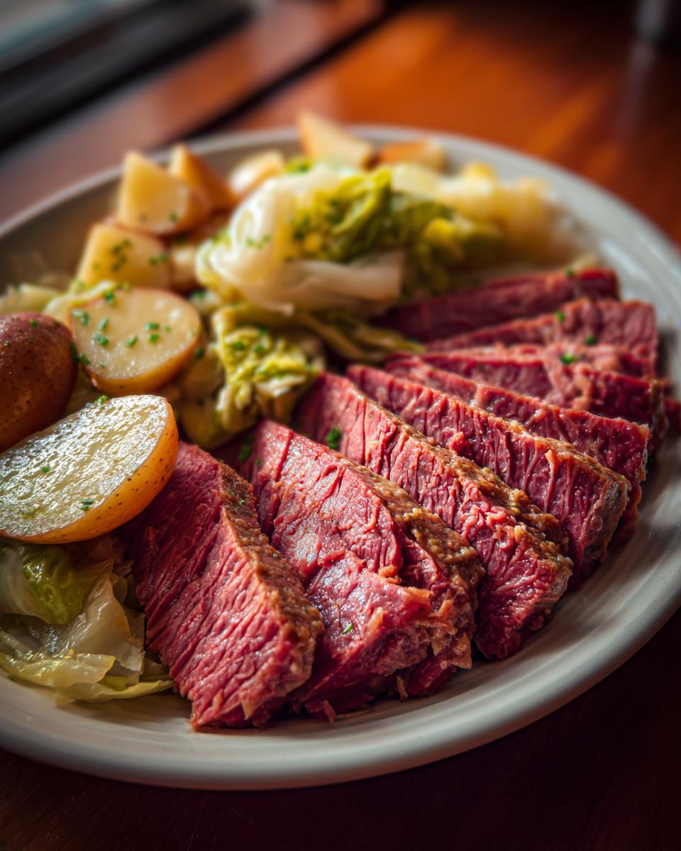 A platter of Traditional Corned Beef and Cabbage with cabbage, carrots, and potatoes.