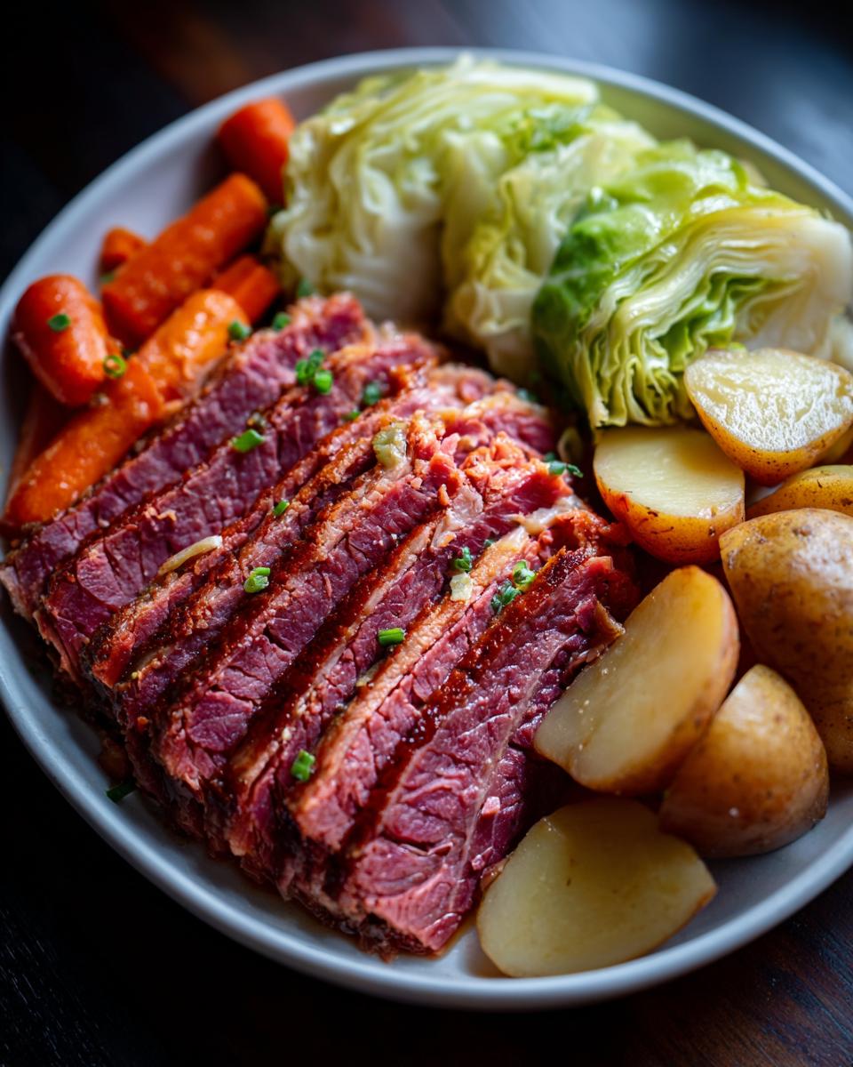 A Traditional Corned Beef and Cabbage Platter with sliced corned beef, cabbage, carrots, and potatoes.