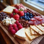A beautiful Valentine’s Day Romantic Grazing Board with cheese, fruits, nuts, and crackers.