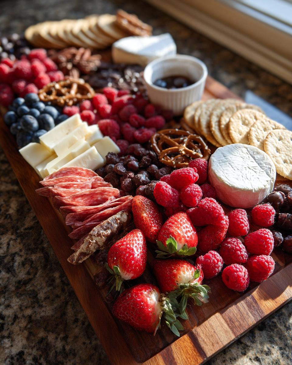 A beautifully arranged Valentine's Day Romantic Grazing Board with various cheeses, fruits, and crackers.