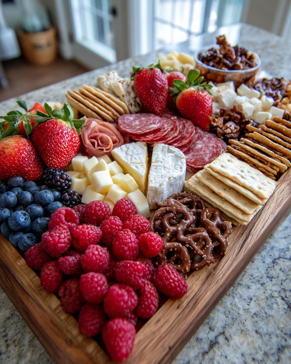 A beautifully arranged Valentine's Day Romantic Grazing Board with strawberries, cheese, and crackers.