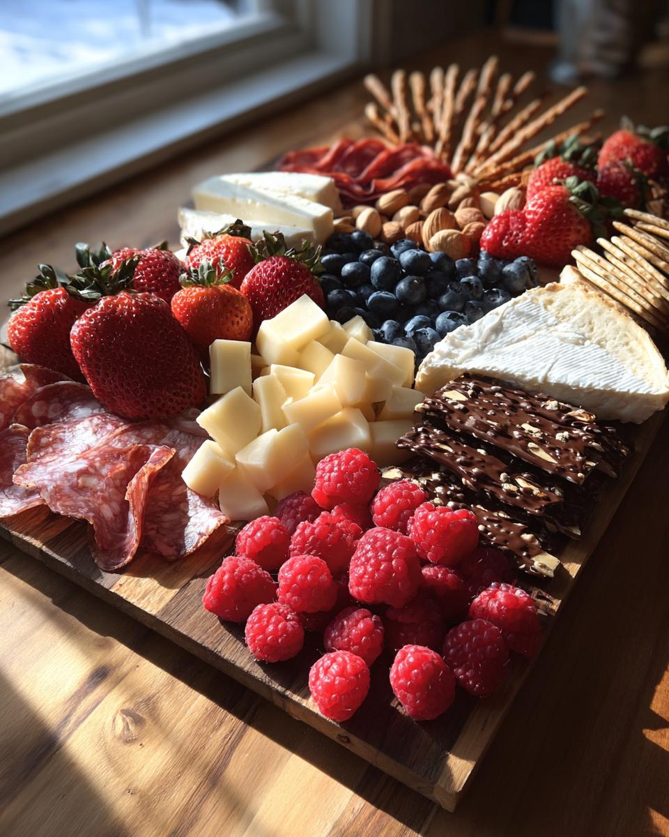 Beautiful Valentine's Day Romantic Grazing Board with strawberries, cheese, and other snacks.