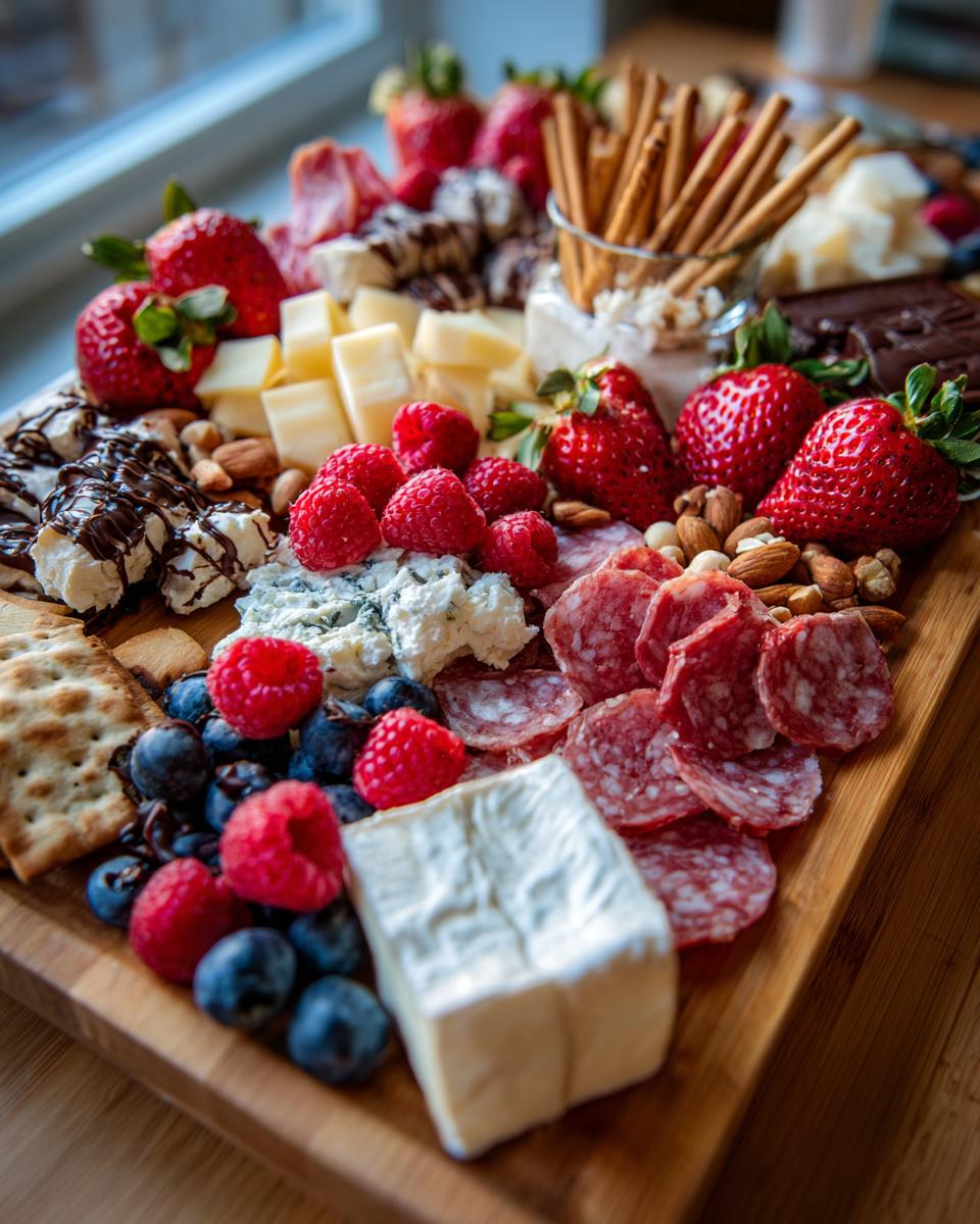A beautifully arranged Valentine's Day Romantic Grazing Board with fruits, cheese, and meats.