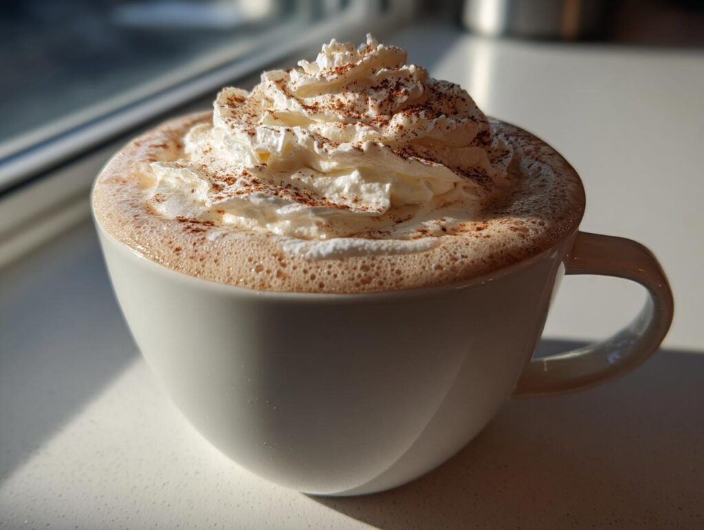 A warm Vanilla Chai Valentine's Latte topped with whipped cream and a dusting of cocoa.