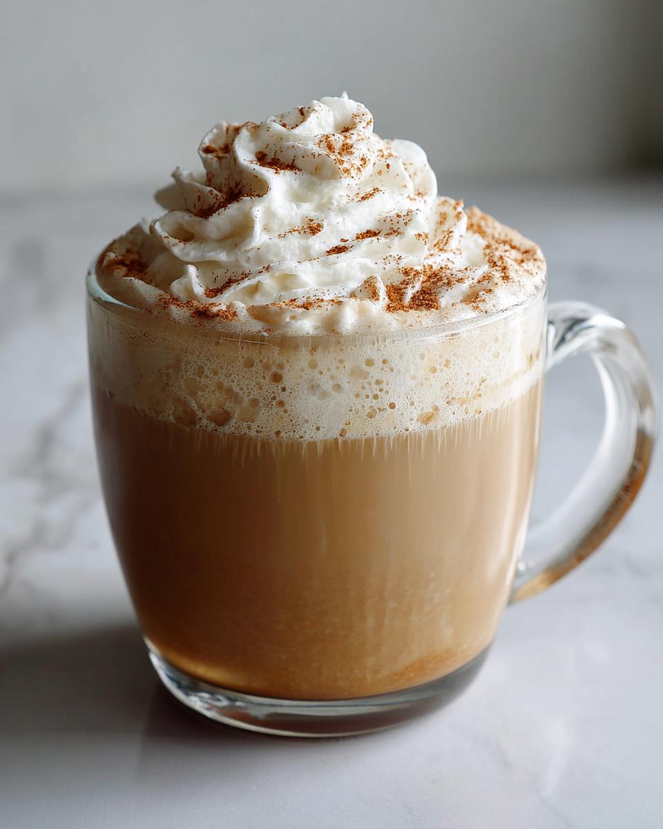 A clear glass mug filled with a Vanilla Chai Valentine's Latte, topped with whipped cream and cinnamon.