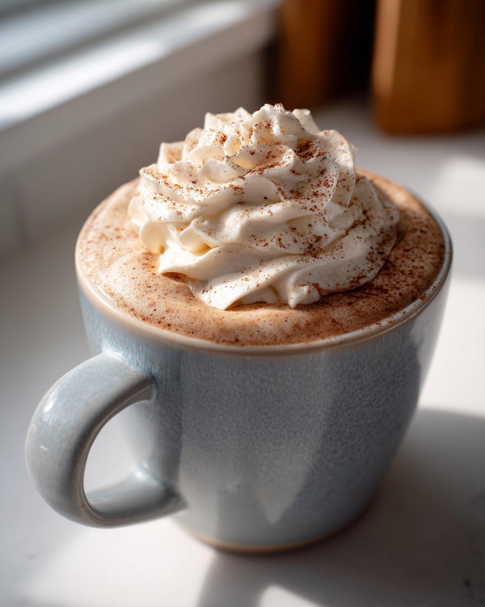 A warm Vanilla Chai Valentine’s Latte in a blue mug, topped with whipped cream and cinnamon.