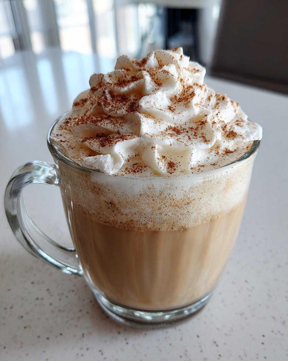 A clear glass mug filled with a Vanilla Chai Valentine's Latte, topped with whipped cream and cinnamon.